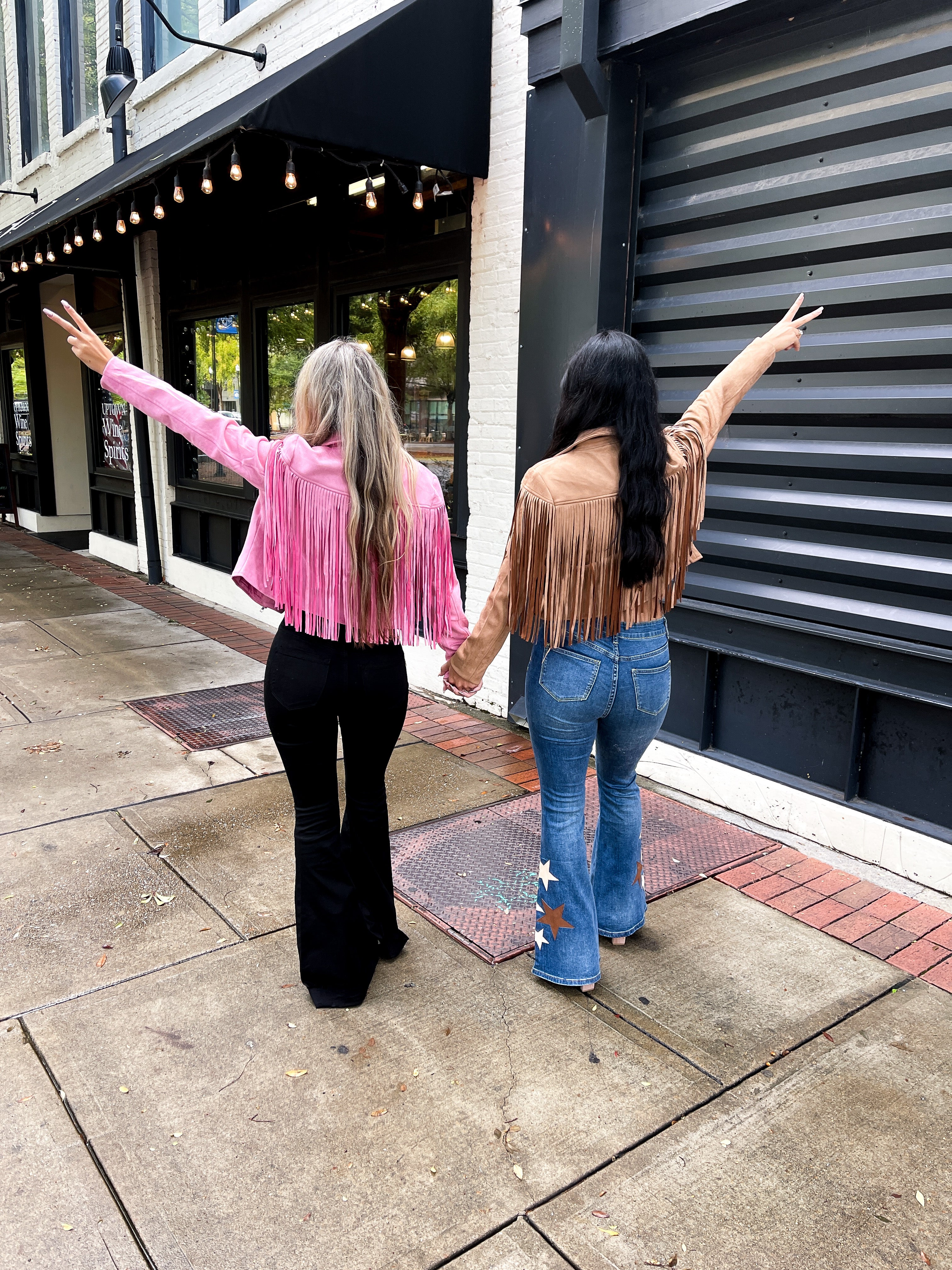 suede fringe jacket and bell bottoms