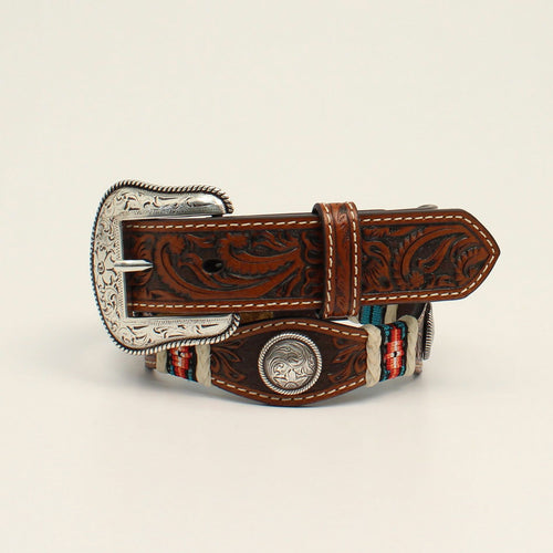 Pard's Western Shop Nocona Boys Brown Floral Embossed Scalloped Belt with Braided Rawhide