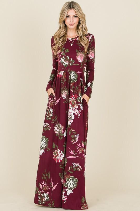 Burgundy Floral Long Sleeve Maxi – Heavens To Betsy Boutique Online