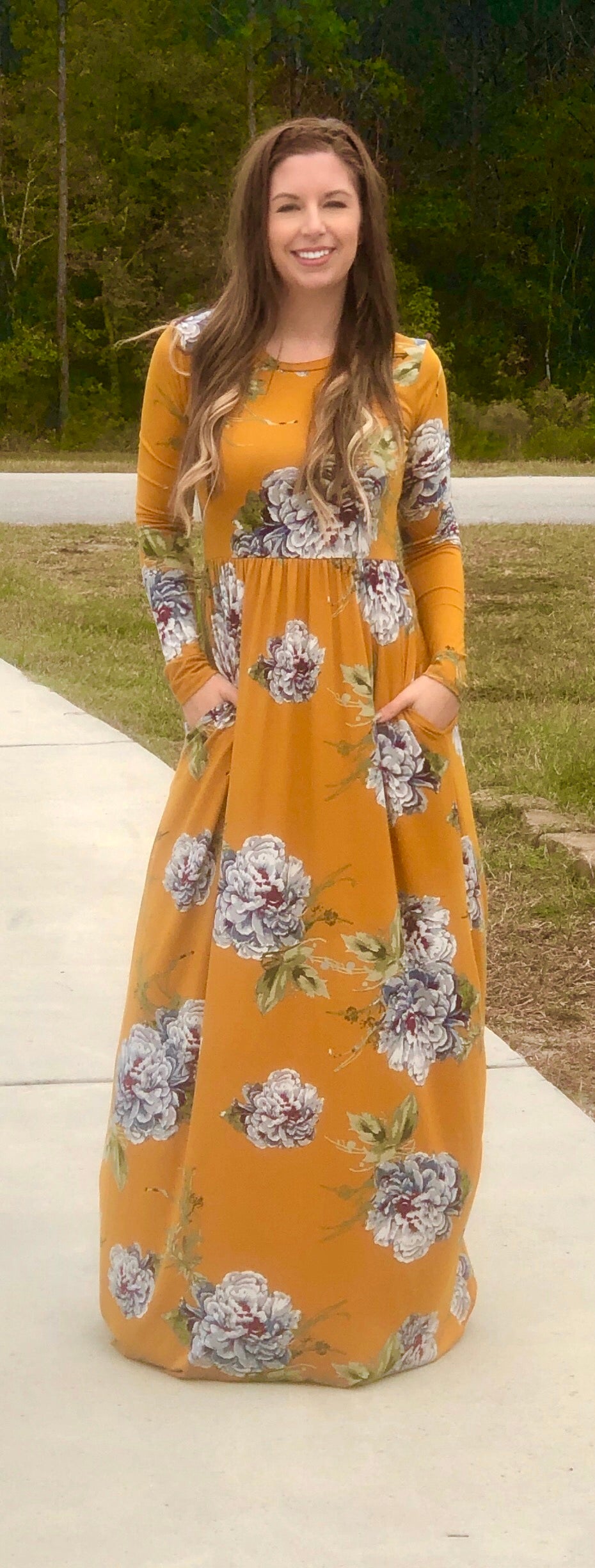 mustard yellow floral maxi dress