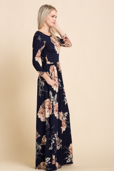 navy and blush floral dress