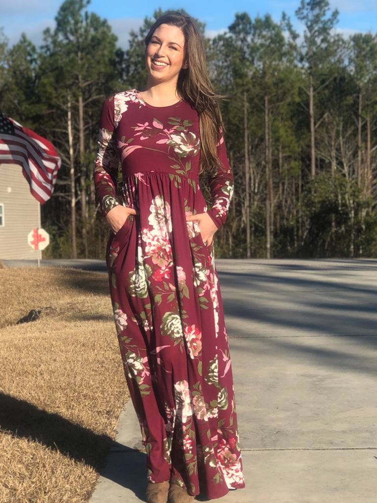 Burgundy Floral Long Sleeve Maxi – Heavens To Betsy Boutique Online