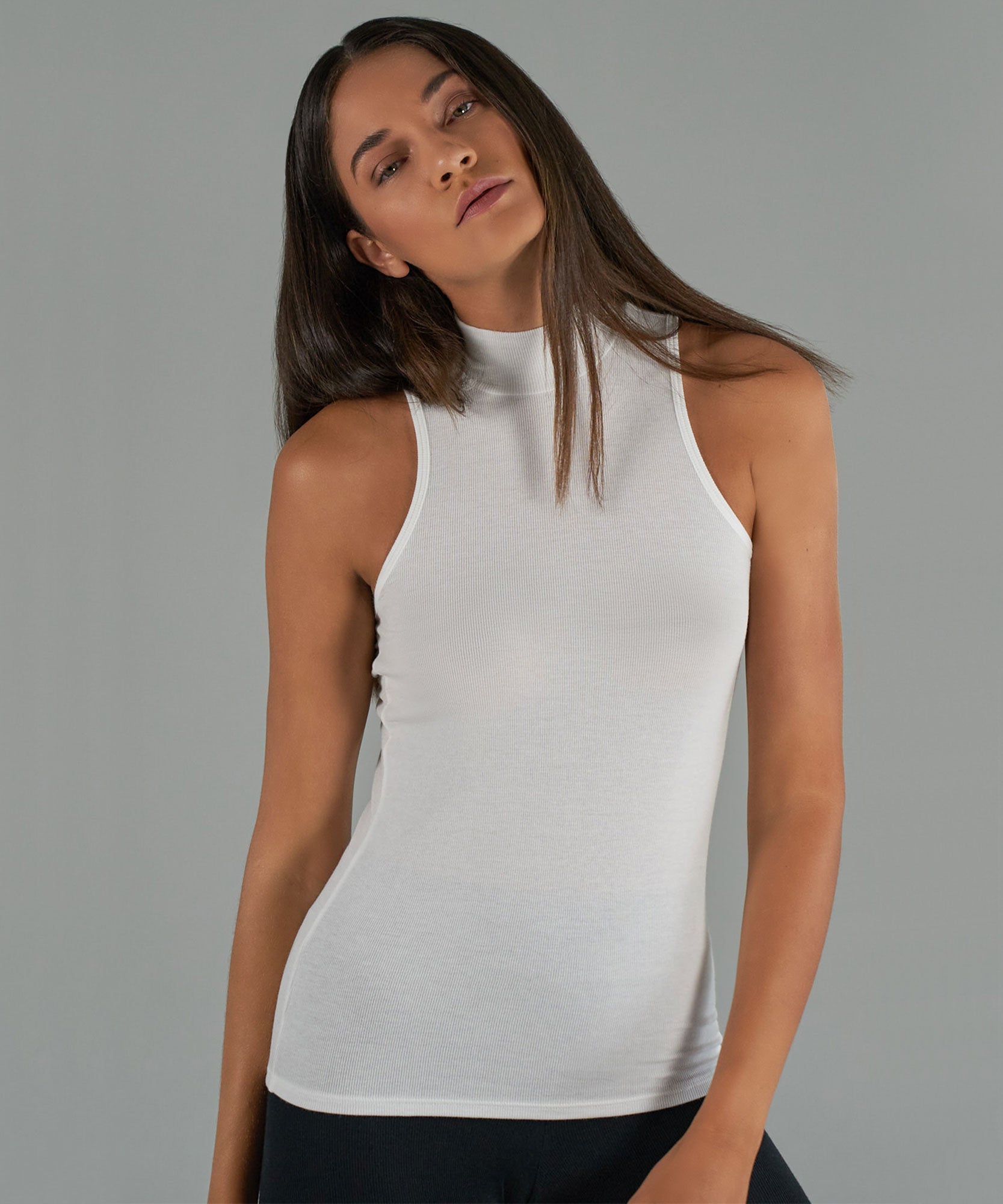 white ribbed mock neck top