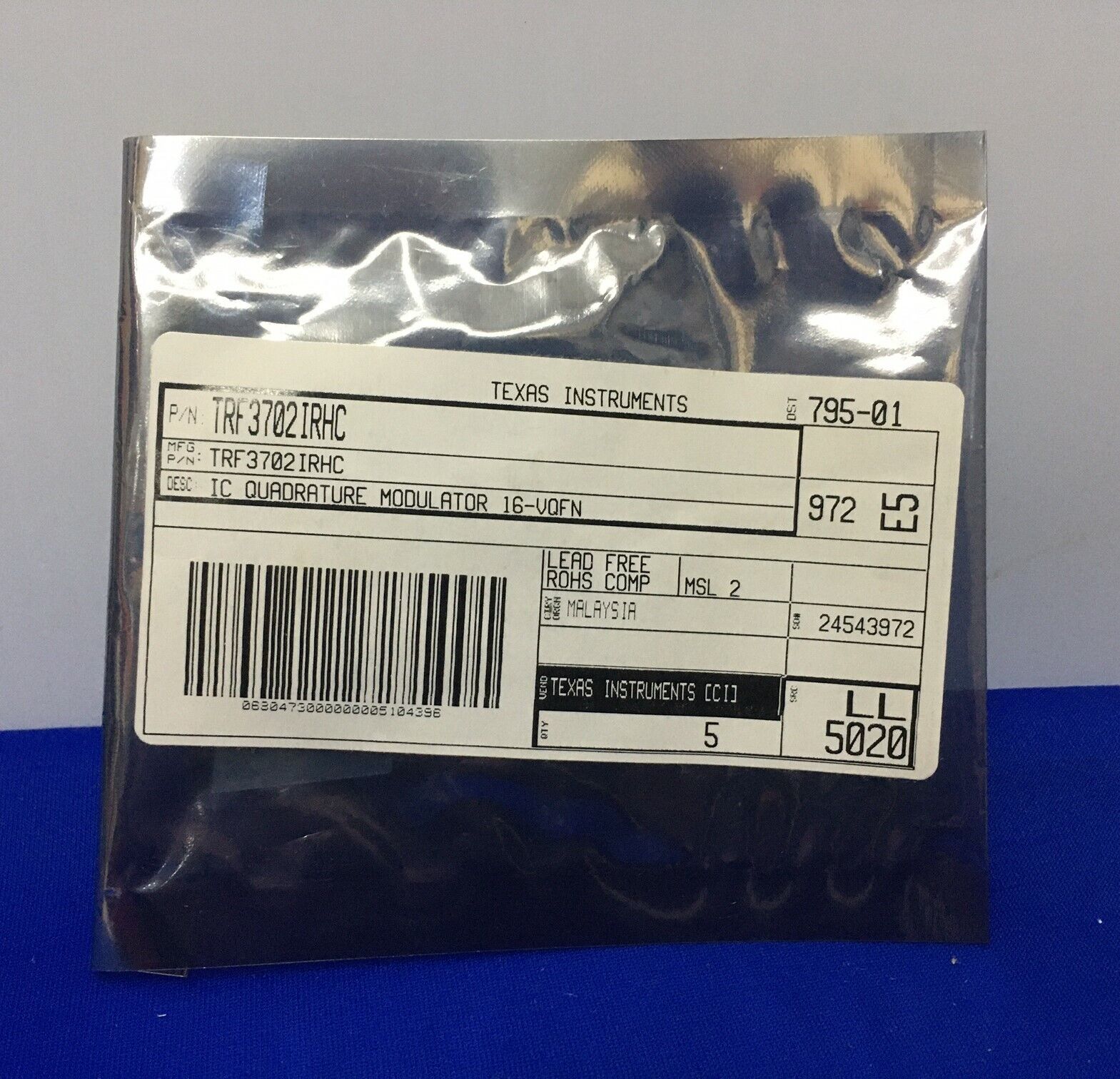 1 PKG OF QTY 5 - TEXAS INSTRUMENTS TRF3702IRHC IC QUADRATURE MODULATOR 16-VQFN