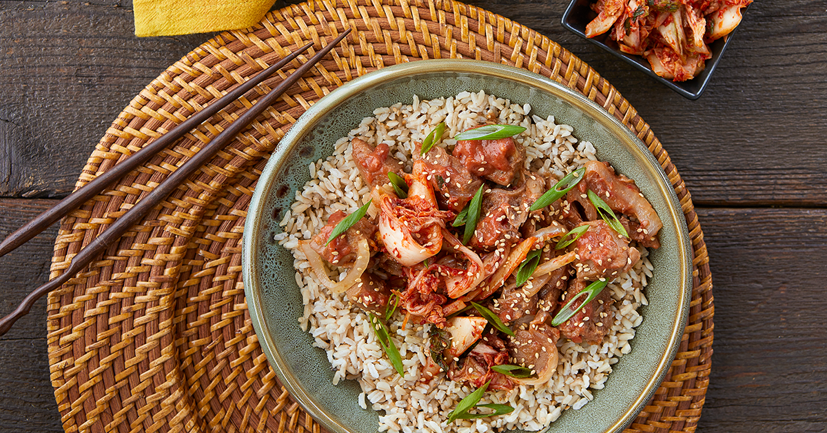 Korean BBQ Bowl with Jackfruit and Rhubarb Sauce