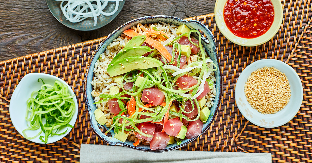 Tuna Poke Bowl with brown rice and mixed veggies.