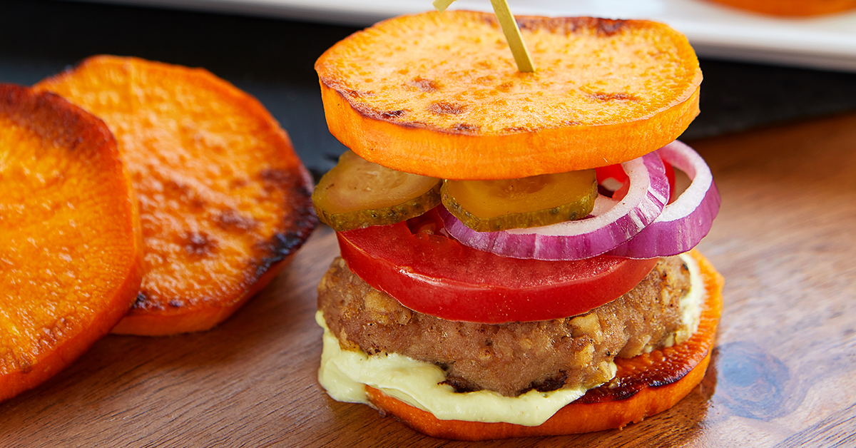 Turkey burger with sweet potato bun.