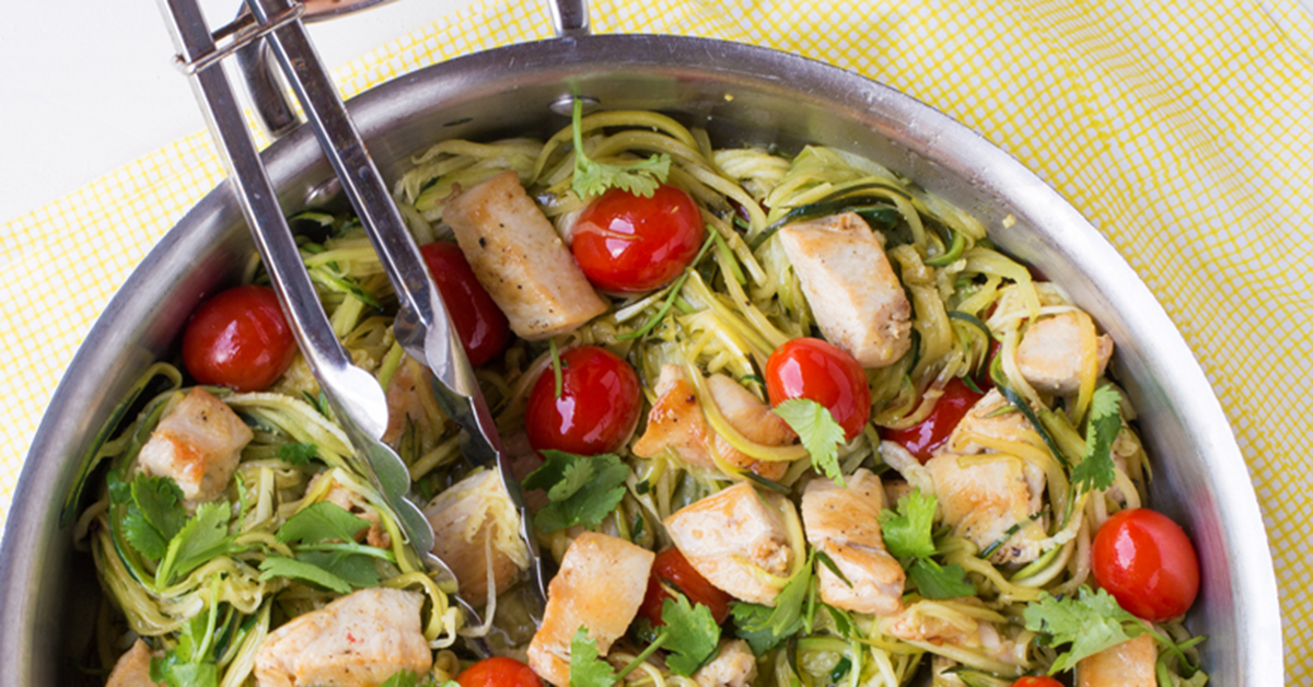 Close up of Zucchini Noodles with Cilantro and Lime Chicken