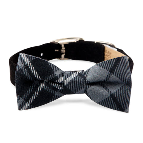 Image of the Scotty Charcoal Plaid Bow Tie Collar, perfect for dogs who wear collars with style