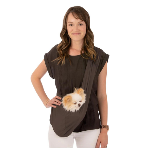 Image demonstrating the convenience of using light weight pet sling carriers.