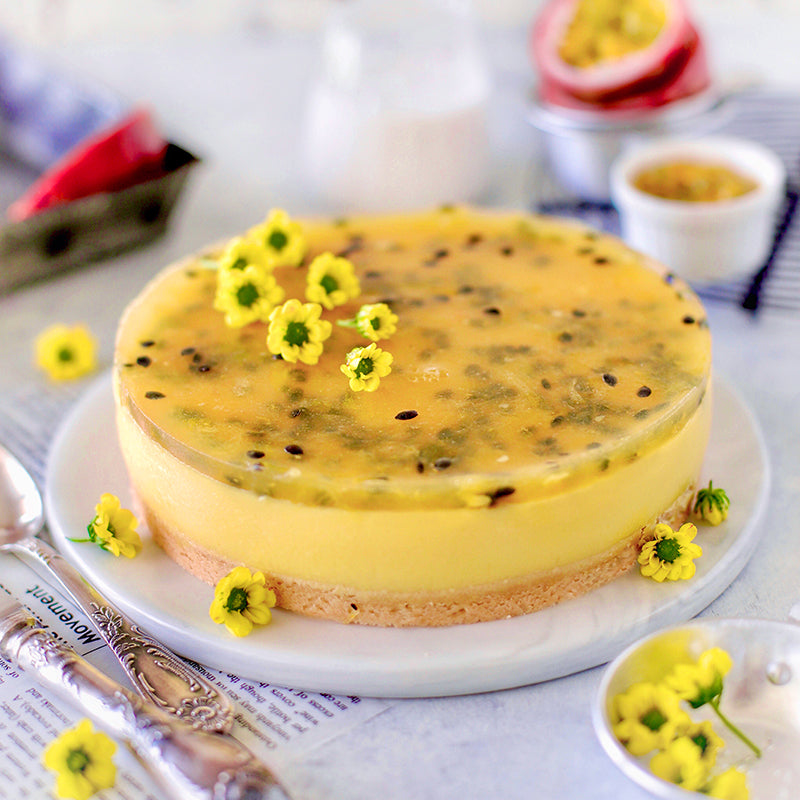 Coconut butter cake layered with passionfruit butter