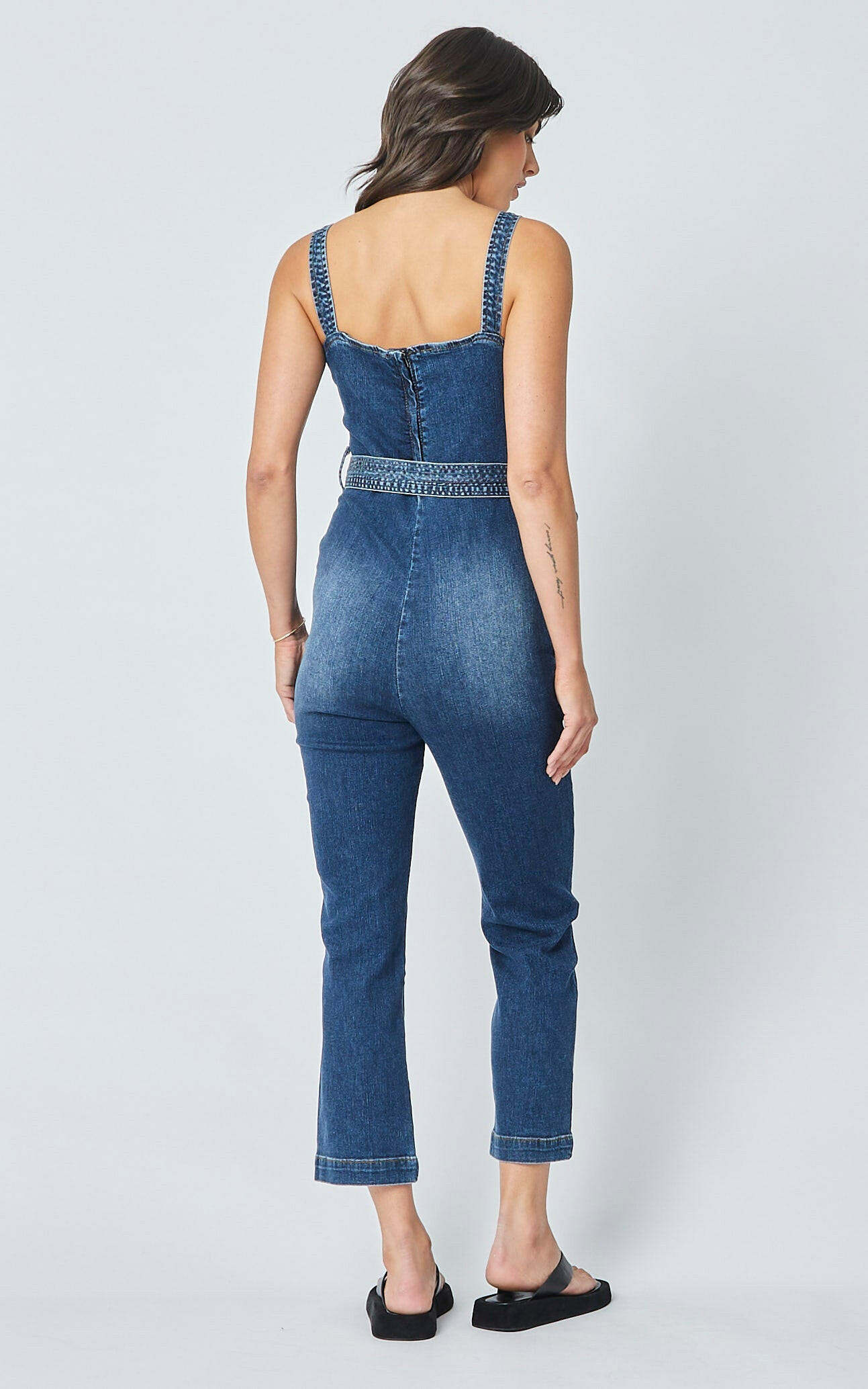 denim jumpsuit open back