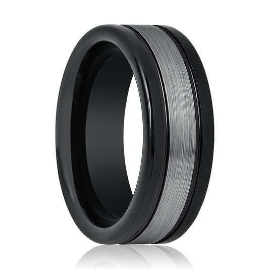 Tungsten Ring Black Shiny Polished Domed Wedding Band w/ Silver Stripe –  Monica Jewelers