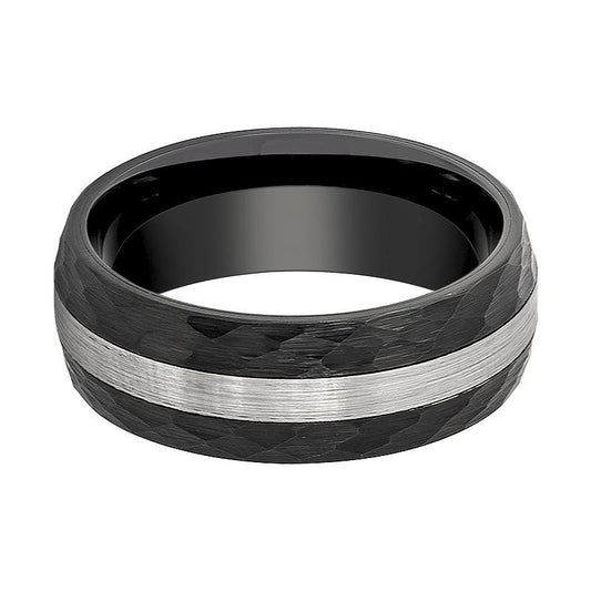 Tungsten Ring Black Shiny Polished Domed Wedding Band w/ Silver Stripe –  Monica Jewelers