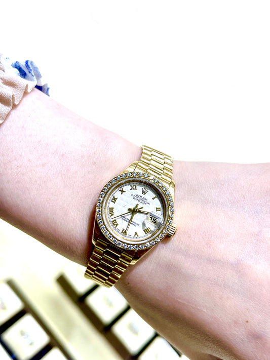 Rolex Datejust President Midsize Yellow Gold Diamond Bezel Ladies