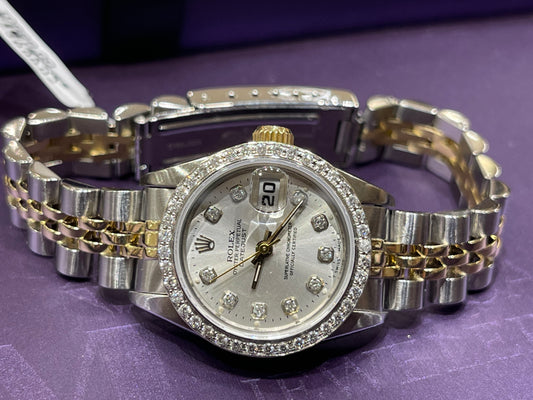 Ladies 26mm 18k Rolex Datejust with Custom Diamond Bezel 6917 - Silver  Spring Jewelers