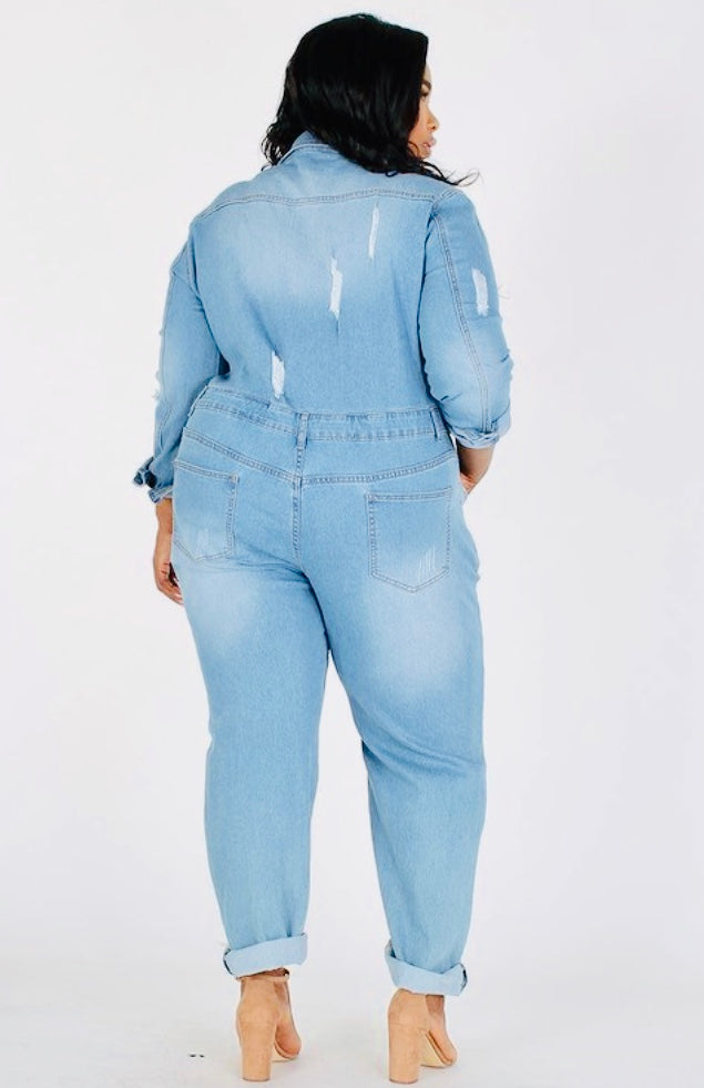 distressed denim jumpsuit