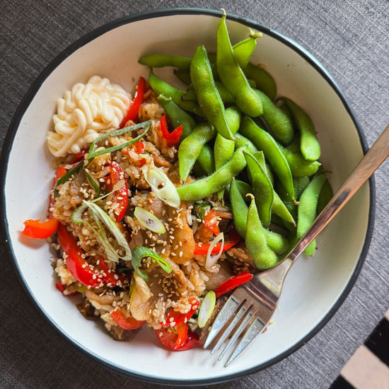 Rice bowl with pork belly stir fried rice