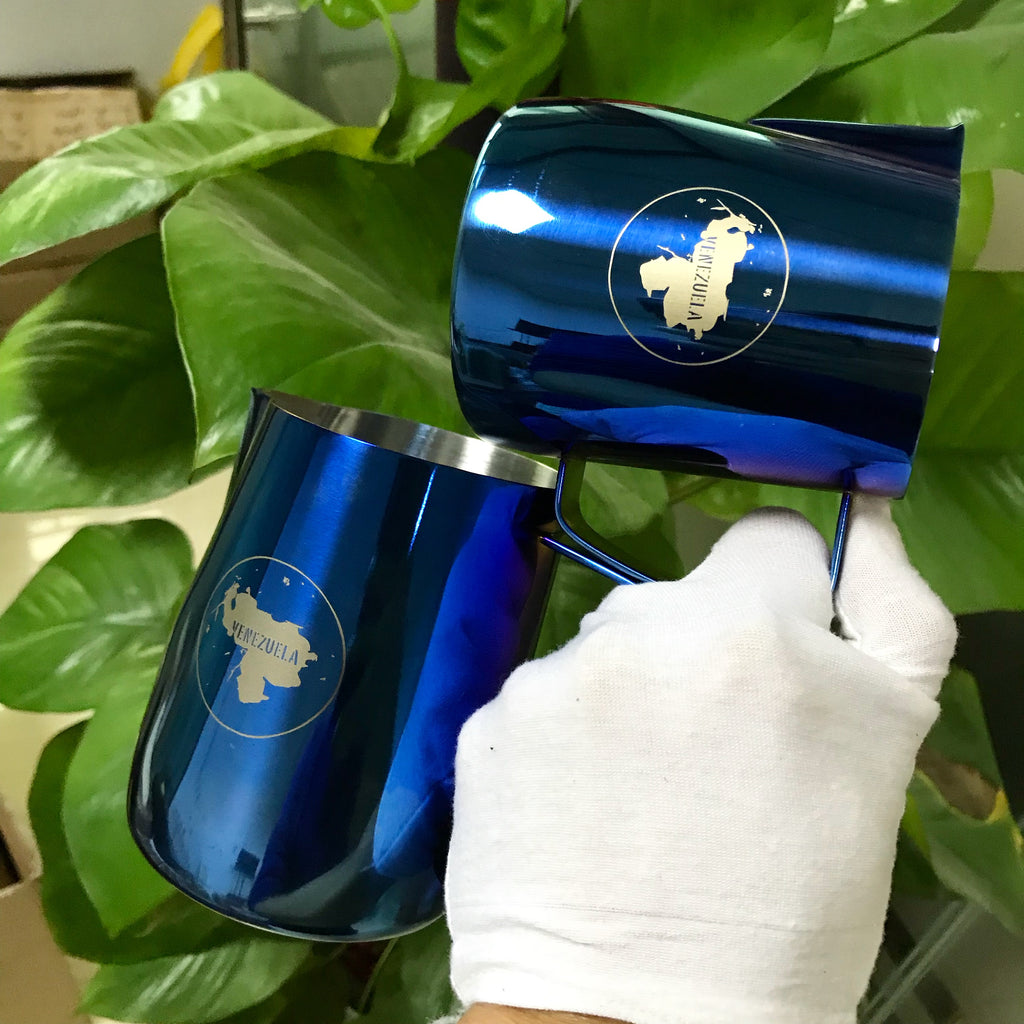 Blue milk jug for barista