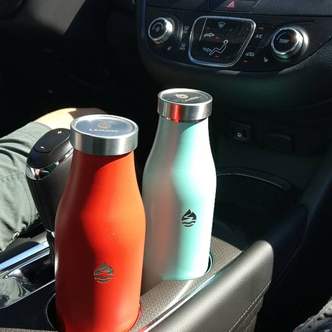 You can safely leave your LAMOSE bottle in your car for long periods of time. It's double wall insulation and food grade steel construction protects your water from contaminants and keeps it at a desirable temperature.