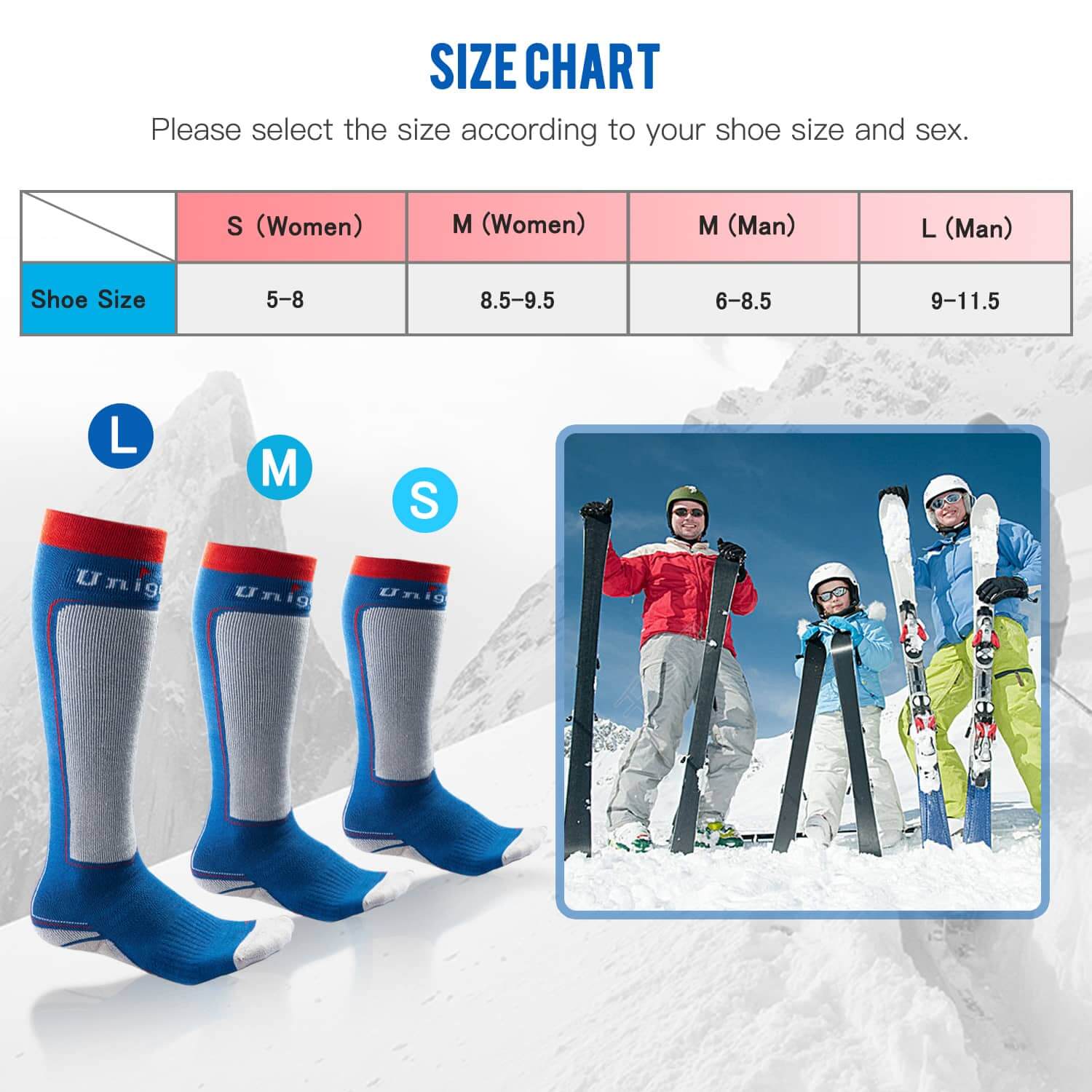 ski winter socks size chart