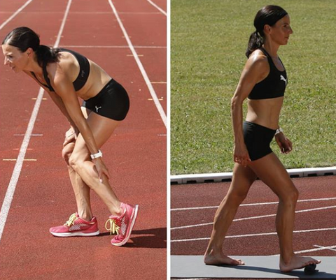 Women on running track with an injured knee on the left hand side, rubbing her knee, and on the right hand side rolling her foot on the BLACKROLL Mini Foam Roller.