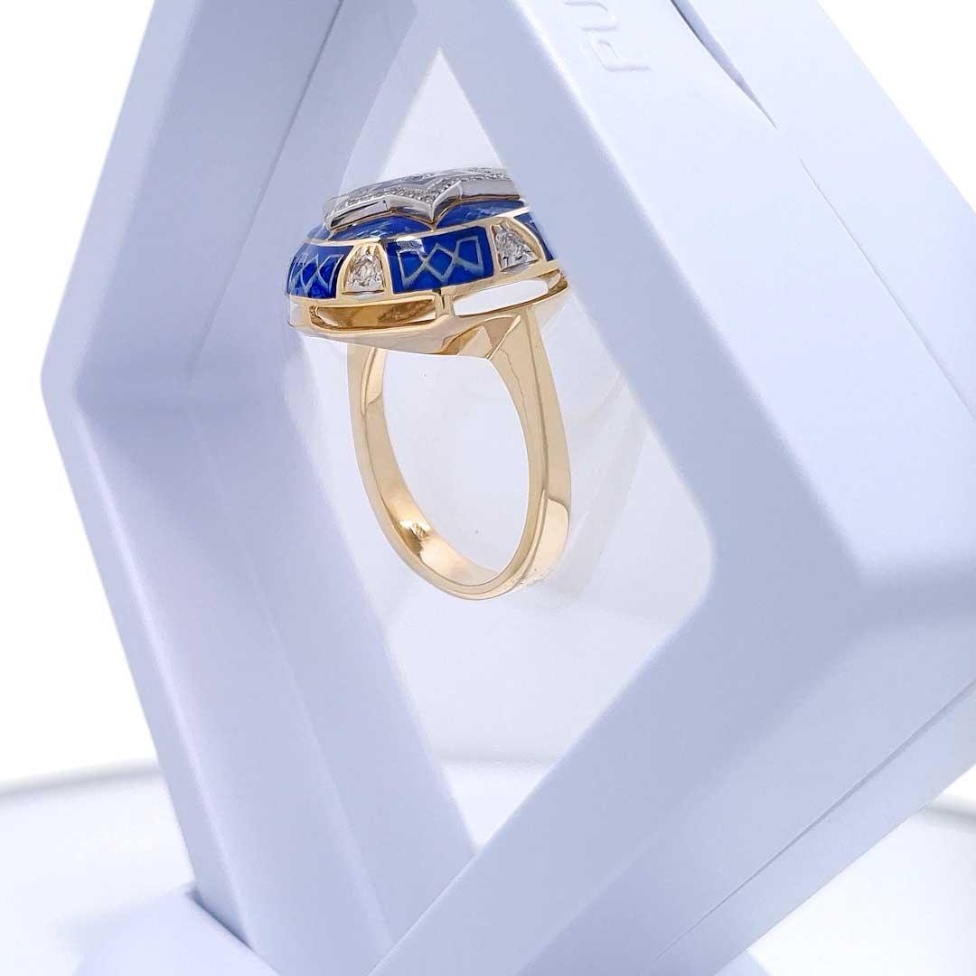 14K Gold Women Star of David Ring with 55 Diamonds and Blue Enamel