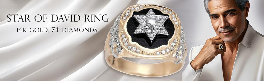 14К Gold Star of David Ring with 74 Diamonds and Black Enamel