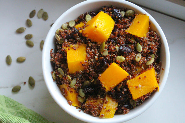 butternut squash cranberry quinoa bowl with pumpkin seeds vegan gluten free dairy free thanksgiving