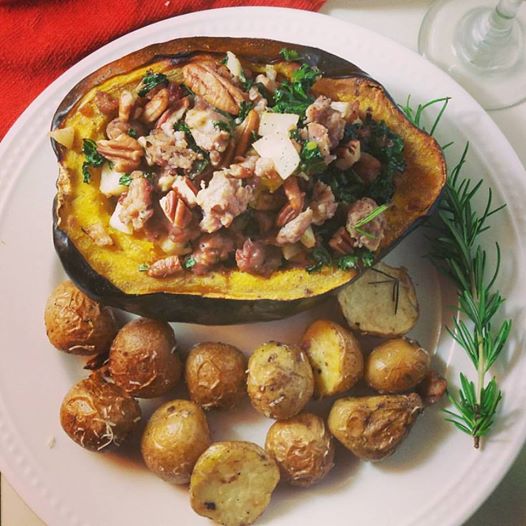 chicken apple kale stuffed acorn squash with sage quinoa and toasted pecans