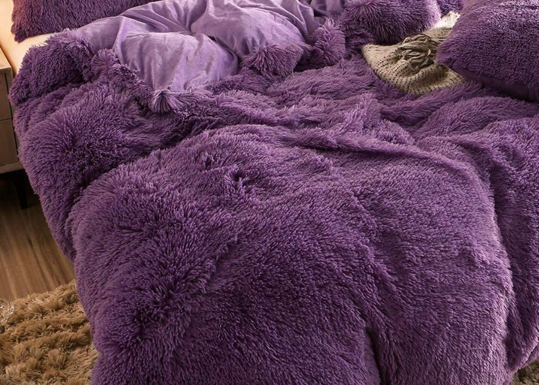 Purple Shaggy Faux Fur King Bed Duvet Cover & Weighted Blanket (104” x