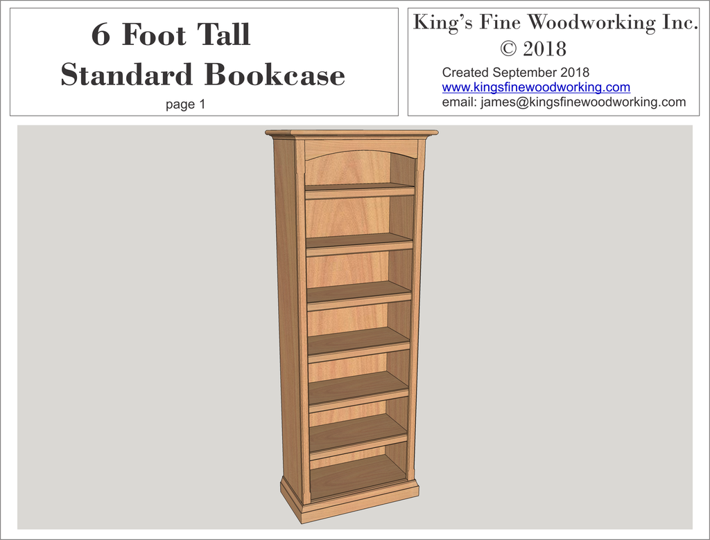 Standard Bookcase 6' tall 2' wide 3D Plans - King's Fine Woodworking Inc