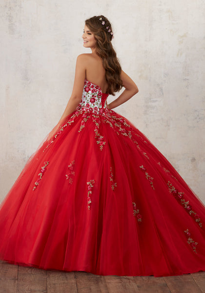 Embroidery and Beading on a Tulle Quincea era Ball Gown  