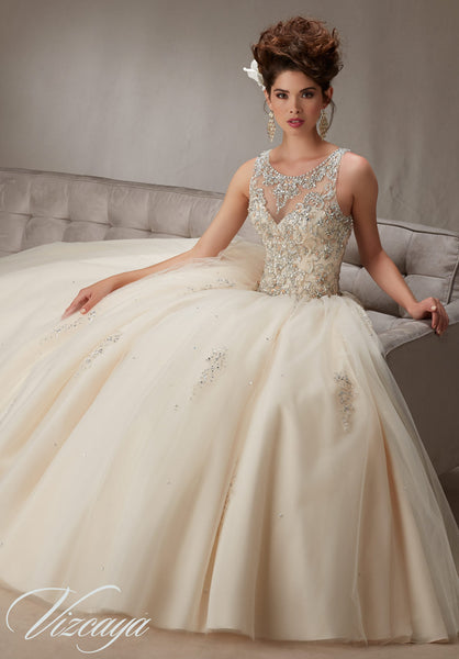 Embroidery and Beading on a Tulle Ball Style Quinceanera  