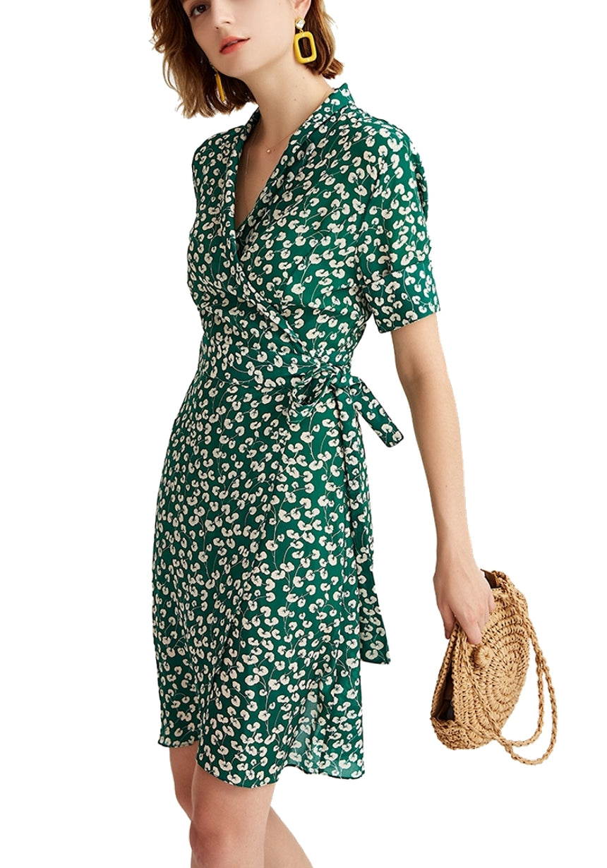 green floral wrap dress