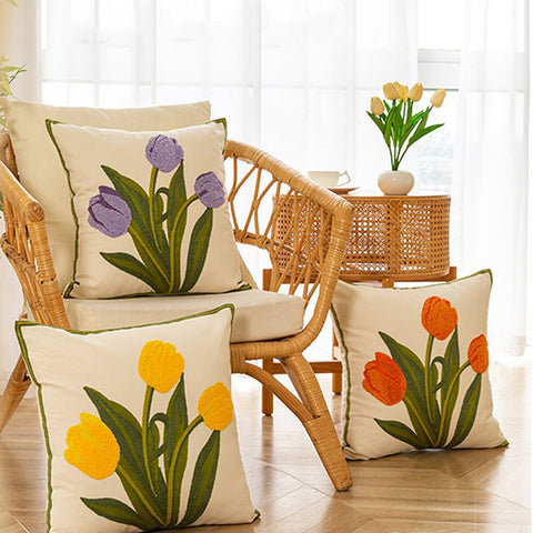 Embroidery Tulip Floral Throw Pillow Cover