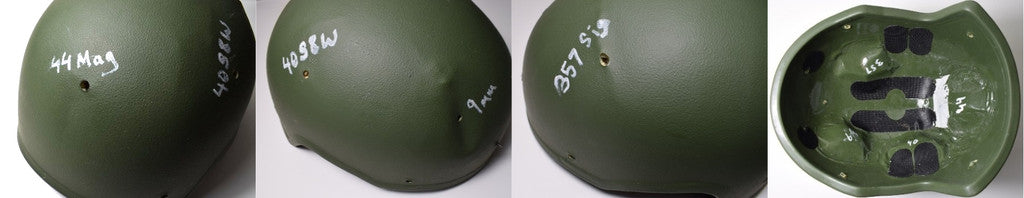 Pictures of ARCH ballistic helmet tested against .44 Magnum, 40 S&W, .357 SIG and 9 mm