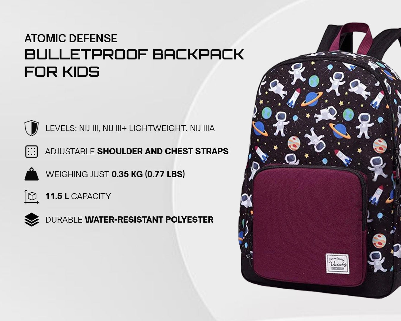 Water-resistant polyester and adjustable shoulder and chest straps bulletproof backpack