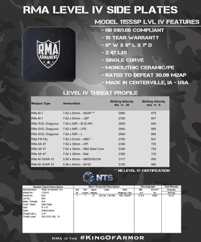 RMA Defense Level IV 6″X 6″ Side Armor Plate specs sheet