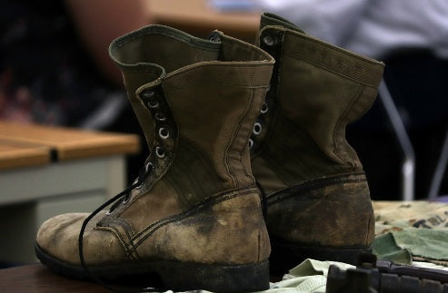 Back view of a pair of old brown boots