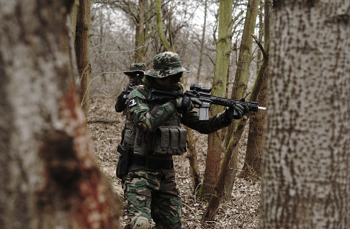 Two soldiers with rifles in the middle of the forest