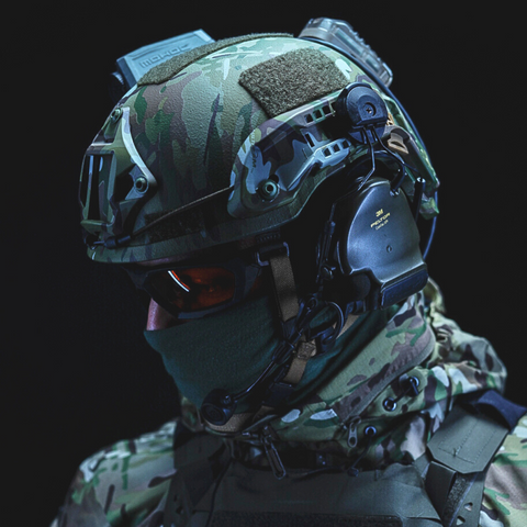 Soldier wearing the PGD ARCH ballistic helmet with accessories