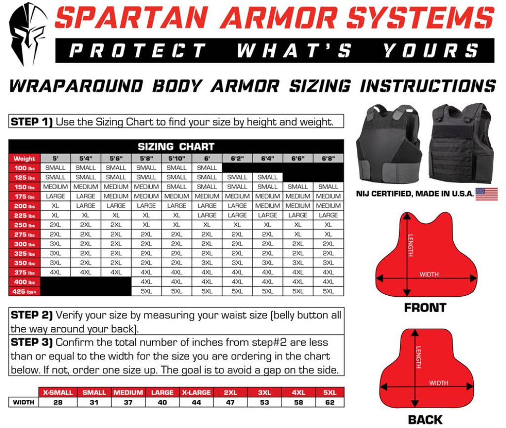 Spartan Armor Certified Wraparound Concealable IIIA Vest sizing chart