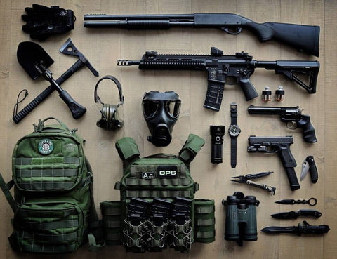 Complete armor gear setup with tactical bag, plate carrier, shotgun, rifle, handguns