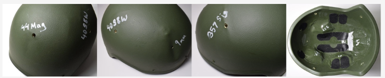 Pictures of bulletproof helmet tested against .44 Magnum, 40 S&W, .357 SIG and 9 mm