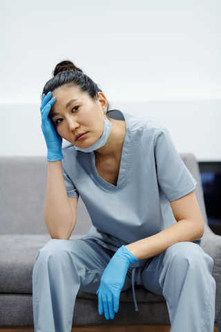 A nurse in scrubs holding her head in her hand