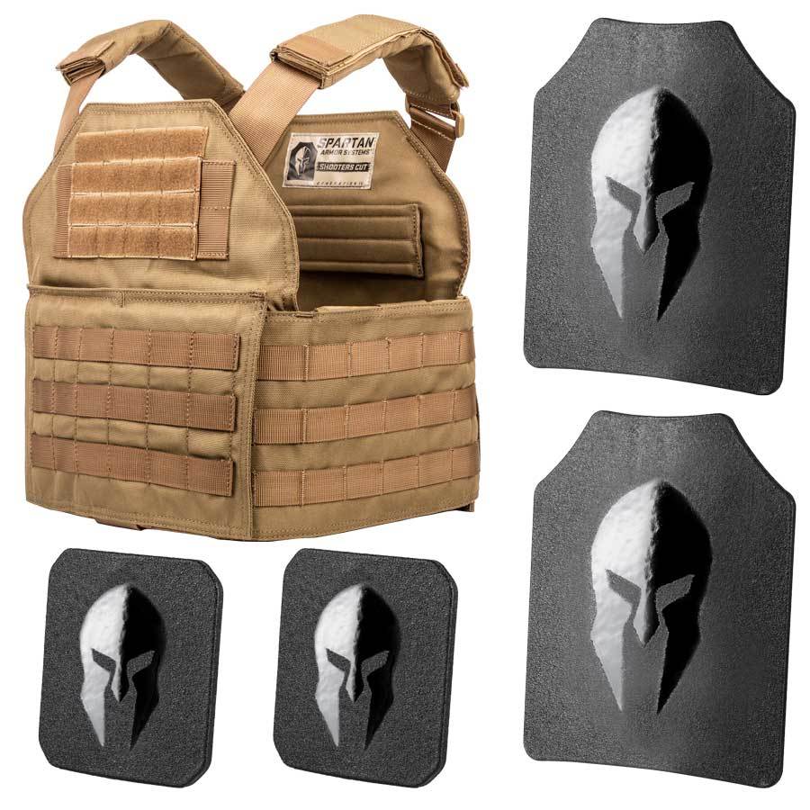 Spartan Armor AR550 Level III+ Shooters Cut Plate Carrier Package in Tan