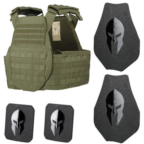 Spartan Armor AR550 Level III+ Body Armor and Sentinel Swimmers Plate Carrier Package in Spartan Green