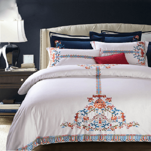 white duvet cover with blue embroidery