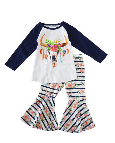 Cow Skull Navy Stripes and Floral Bell Set – Poppies & Lace